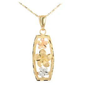 14K Tri-Color Gold Three Plumeria Vertical Pendant(L) (Chain Sold Separately)
