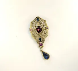 1928 Brand Gold Tone Blue Purple Pear French Cut Faceted Rhinestone Brooch Pin