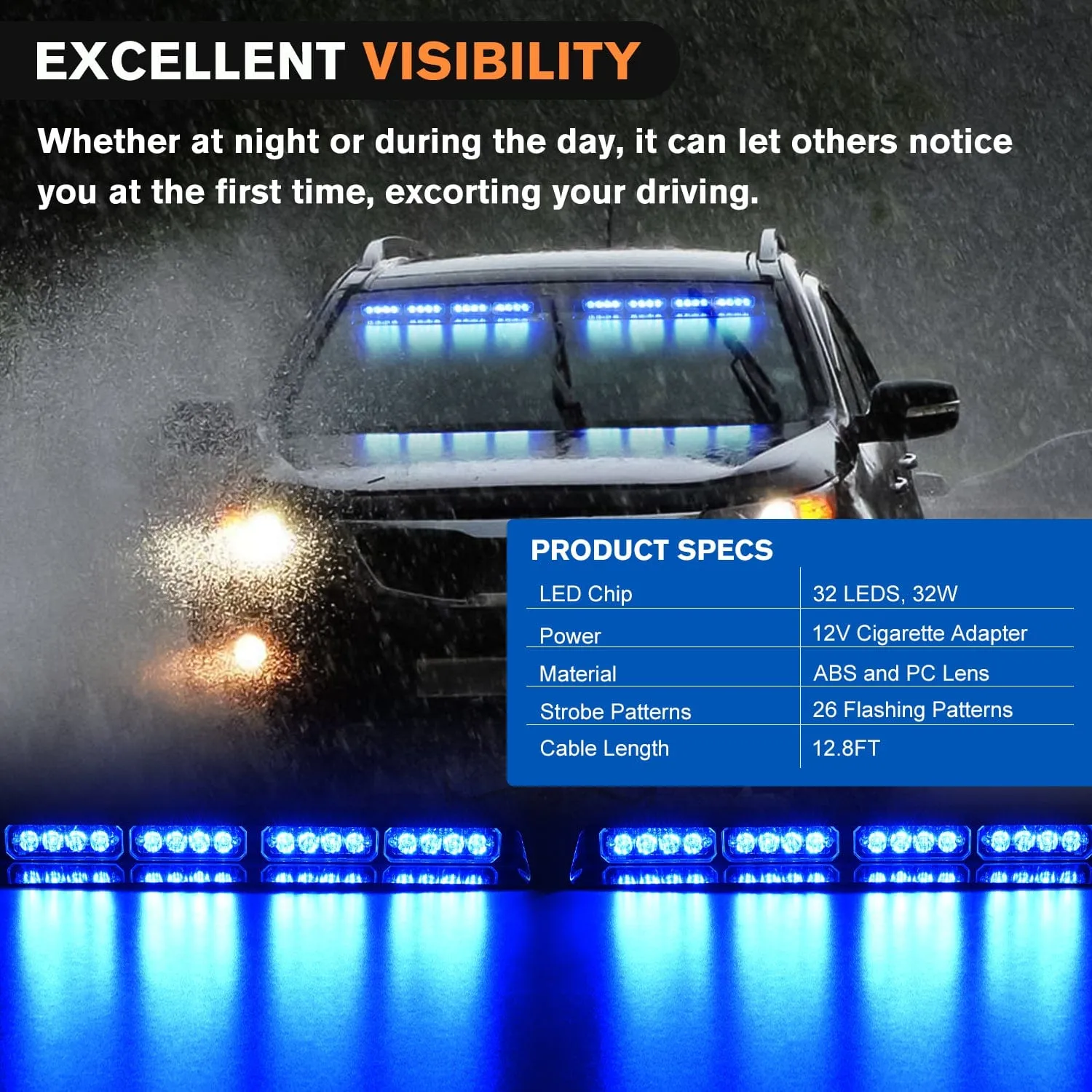 32LED Blue Emergency Dash Strobe Lights with Controller Suction Cups