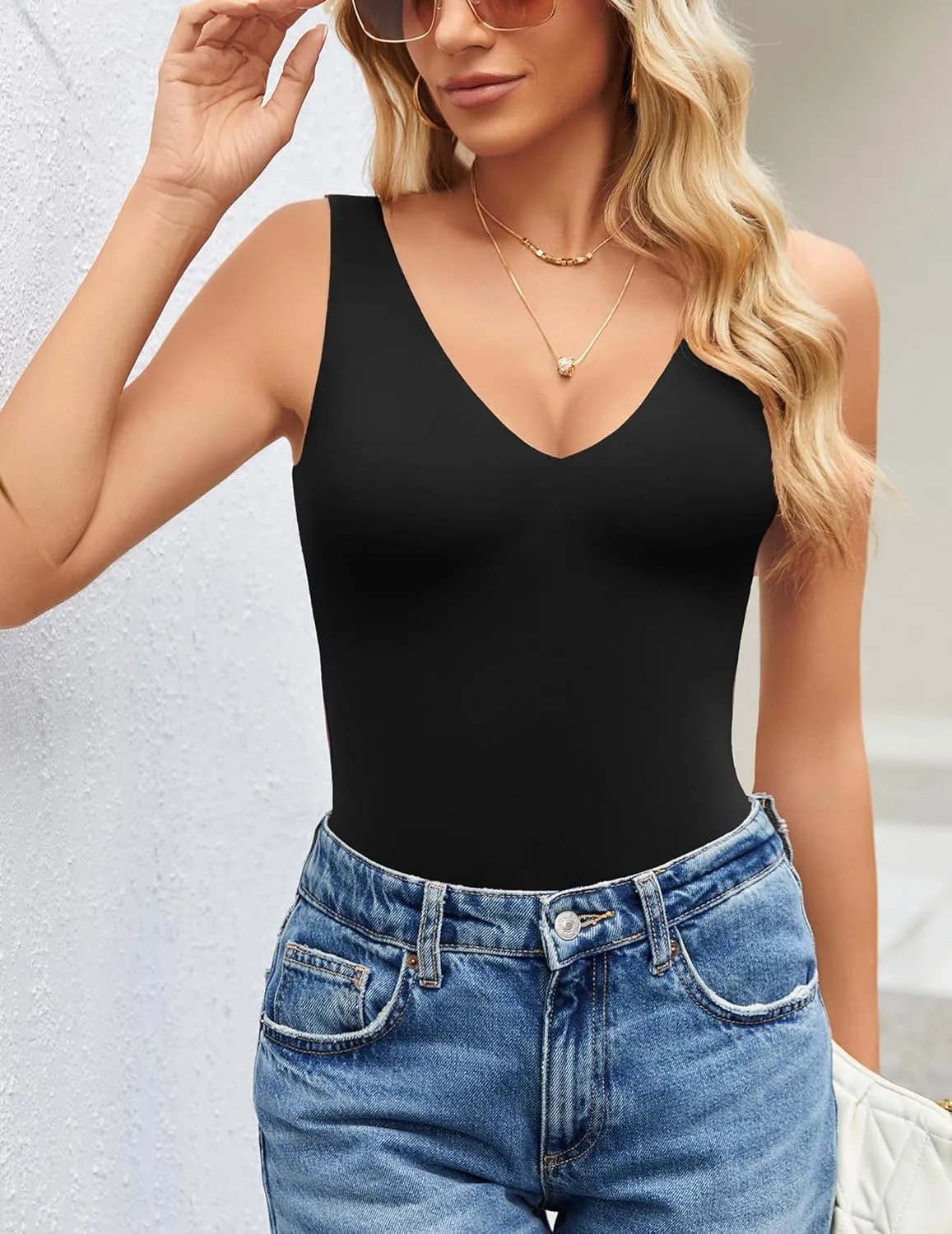 Avidlove Women's Sexy Plunge Deep V Neck Bodysuit Double Lined Sleeveless Thong Body Suit Leotard for Going Out Tank
