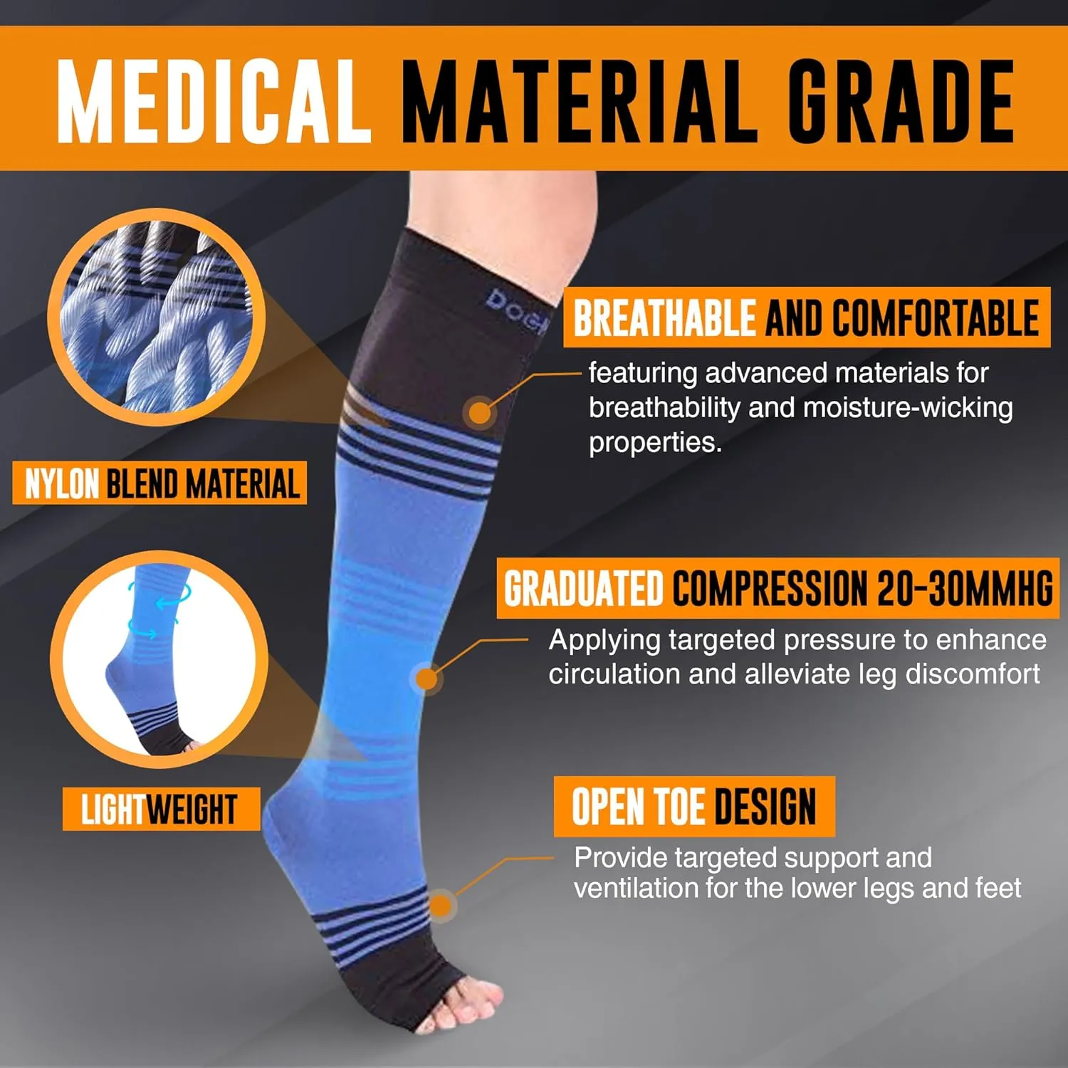Doc Miller Toeless Compression Socks Women and Men  Open Toe Calf Support, 20-30mmHg Knee-High Sleeves, Lightweight, 1 Pair