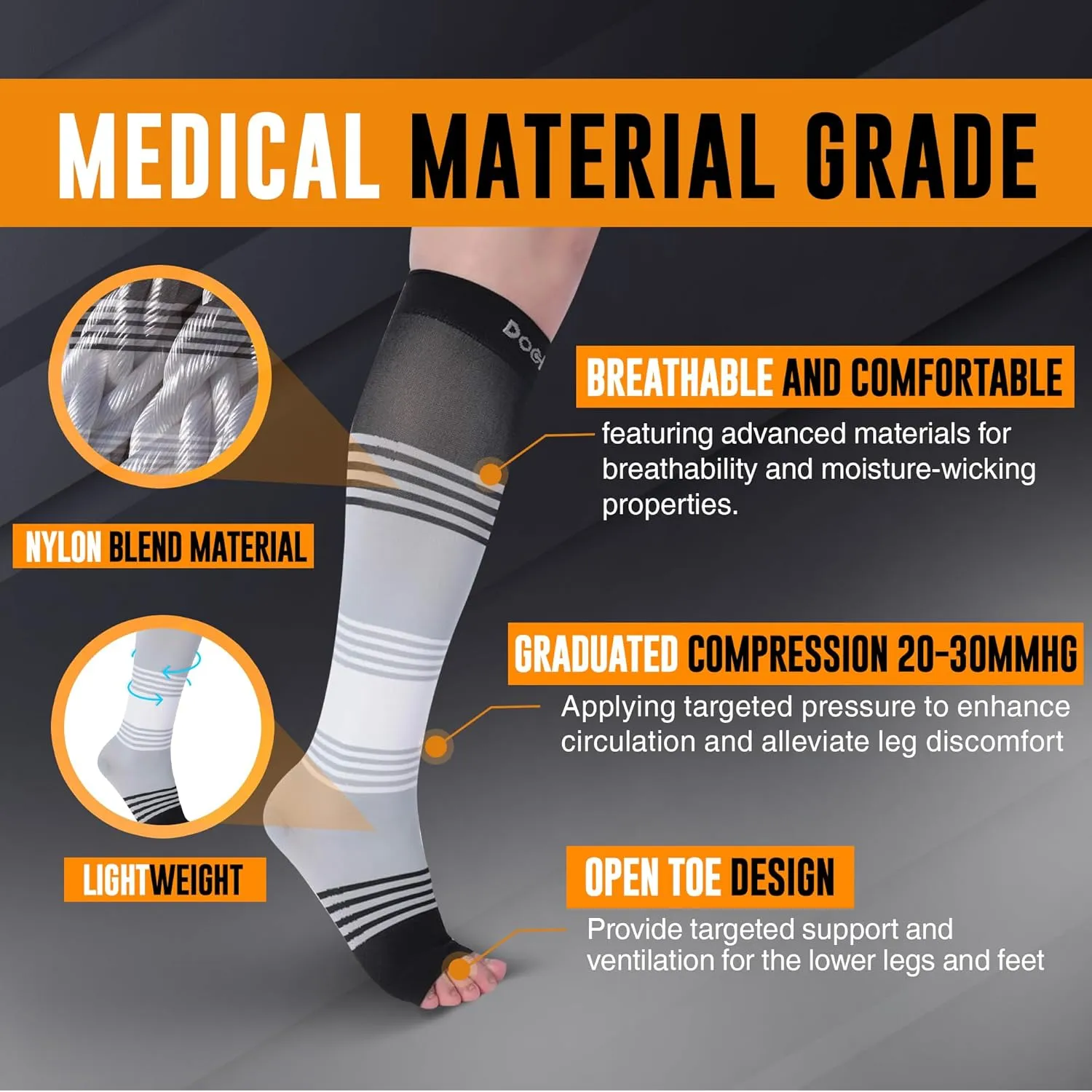 Doc Miller Toeless Compression Socks Women and Men  Open Toe Calf Support, 20-30mmHg Knee-High Sleeves, Lightweight, 1 Pair