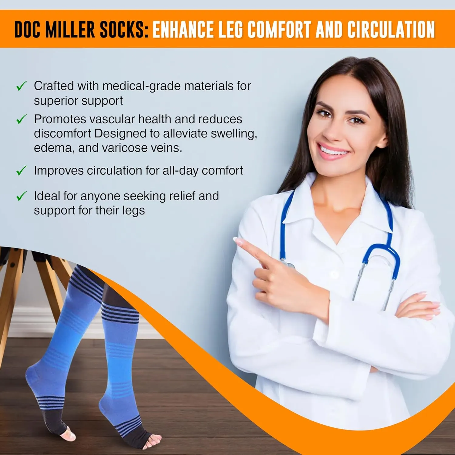 Doc Miller Toeless Compression Socks Women and Men  Open Toe Calf Support, 20-30mmHg Knee-High Sleeves, Lightweight, 1 Pair