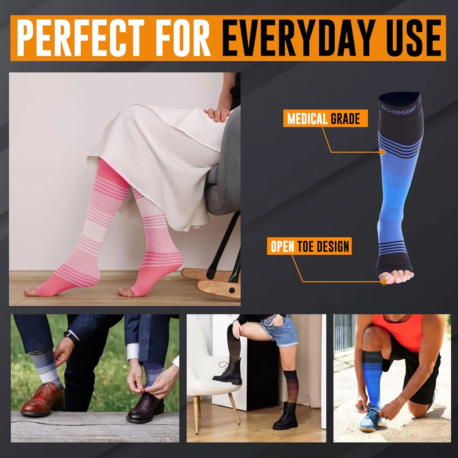 Doc Miller Toeless Compression Socks Women and Men  Open Toe Calf Support, 20-30mmHg Knee-High Sleeves, Lightweight, 1 Pair