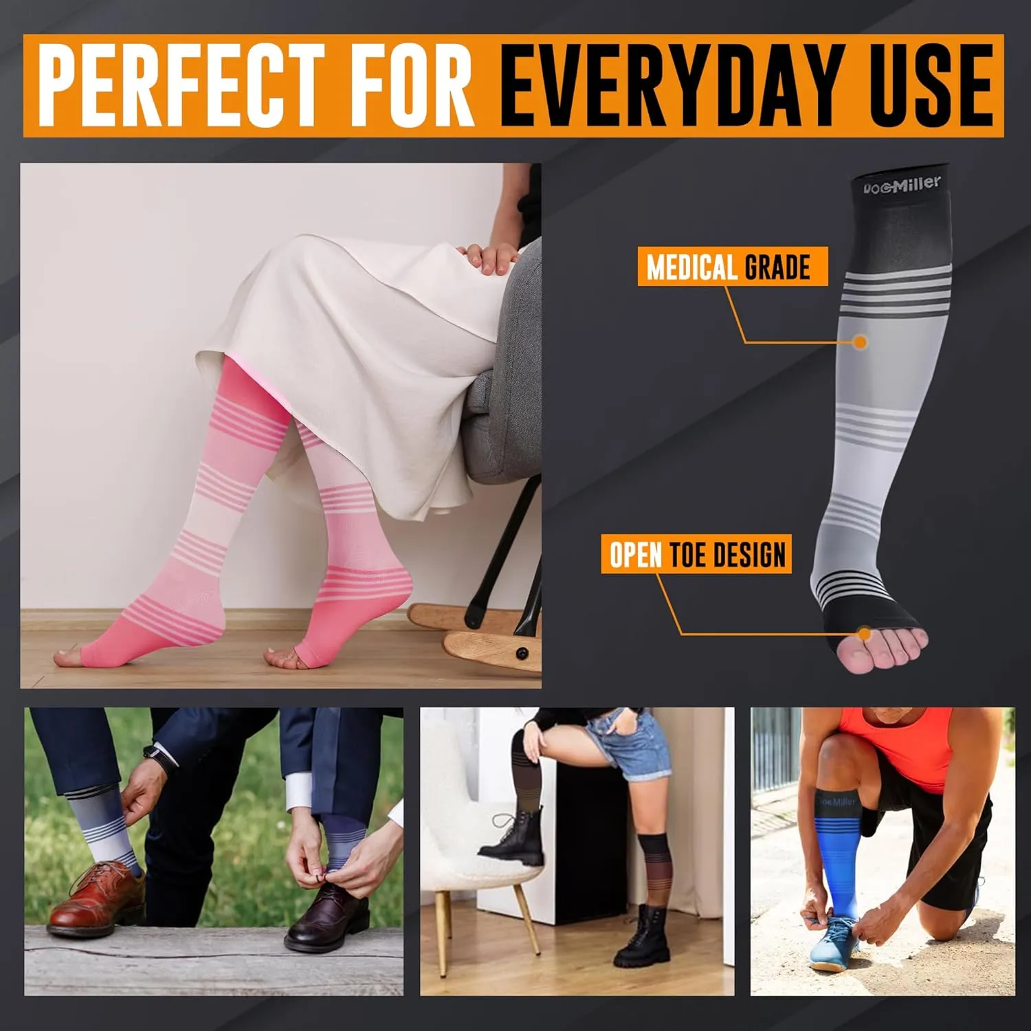 Doc Miller Toeless Compression Socks Women and Men  Open Toe Calf Support, 20-30mmHg Knee-High Sleeves, Lightweight, 1 Pair