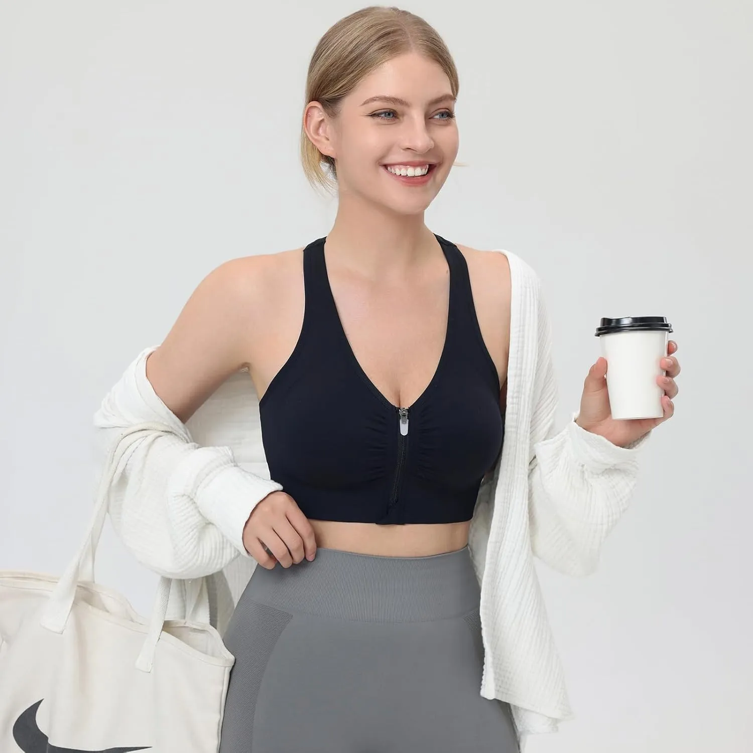 Evercute Women's Zip Front Sports Bras Wireless Padded Racerback Medium Support Post-Surgery Bra Yoga Exercise Athletic Bras