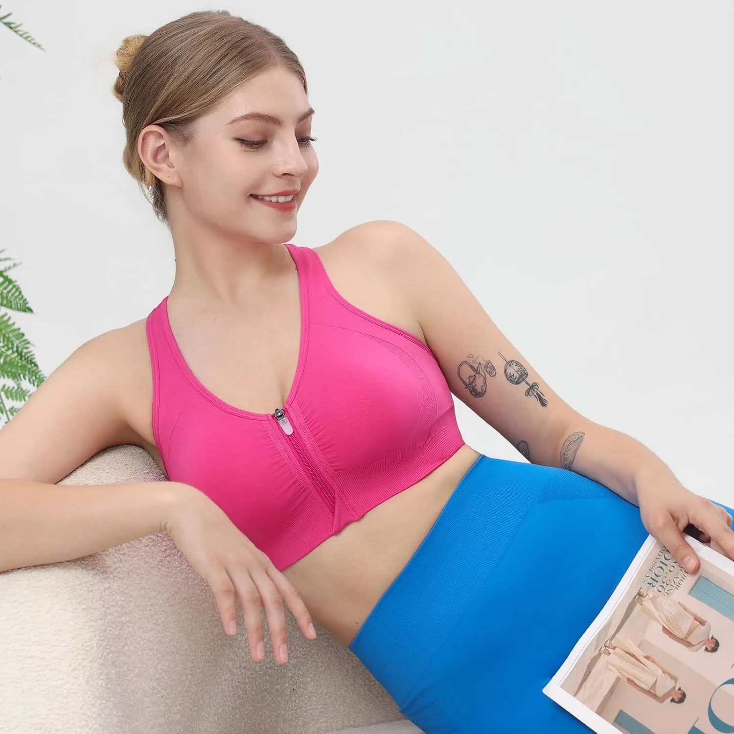 Evercute Women's Zip Front Sports Bras Wireless Padded Racerback Medium Support Post-Surgery Bra Yoga Exercise Athletic Bras