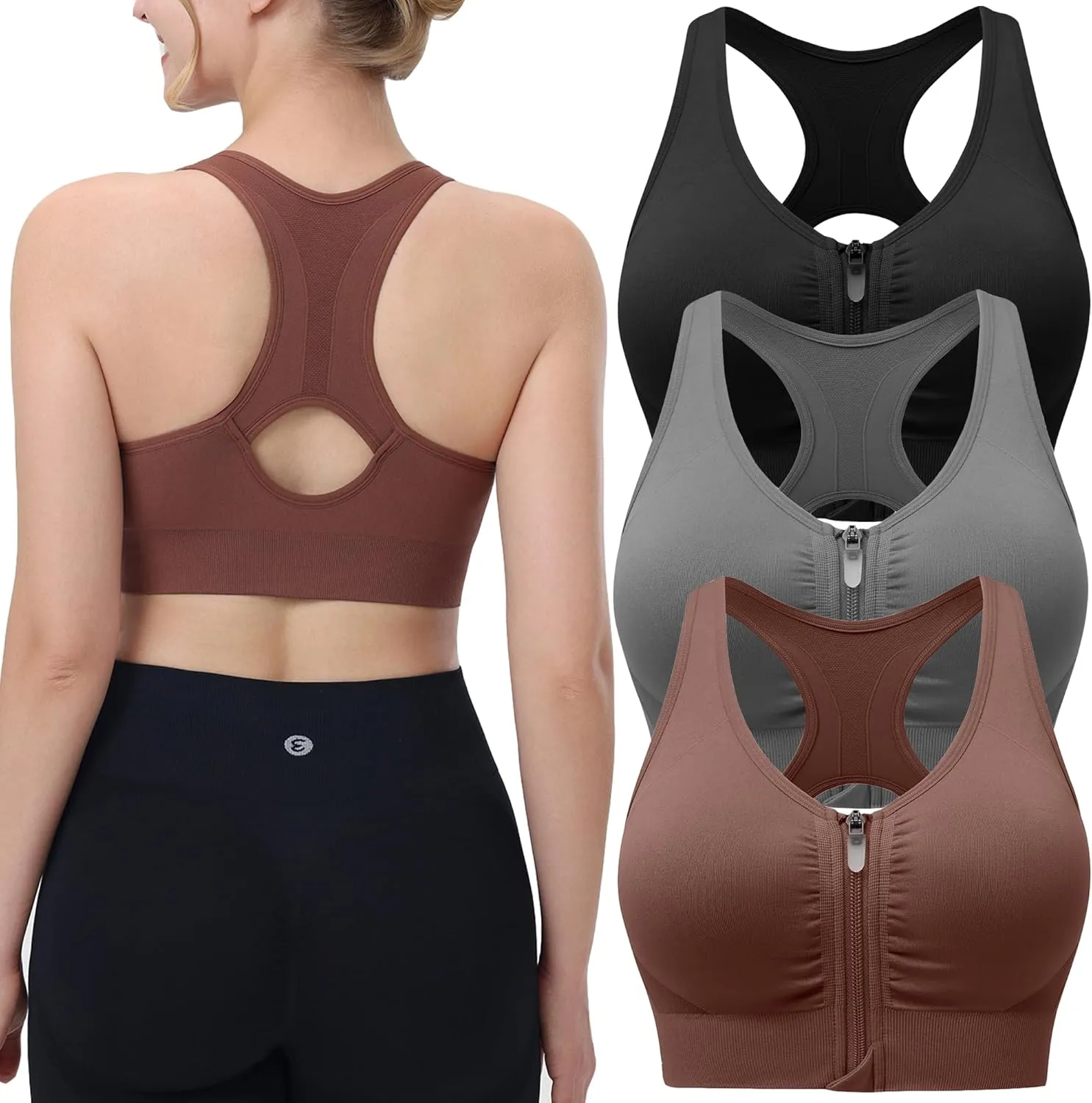 Evercute Women's Zip Front Sports Bras Wireless Padded Racerback Medium Support Post-Surgery Bra Yoga Exercise Athletic Bras