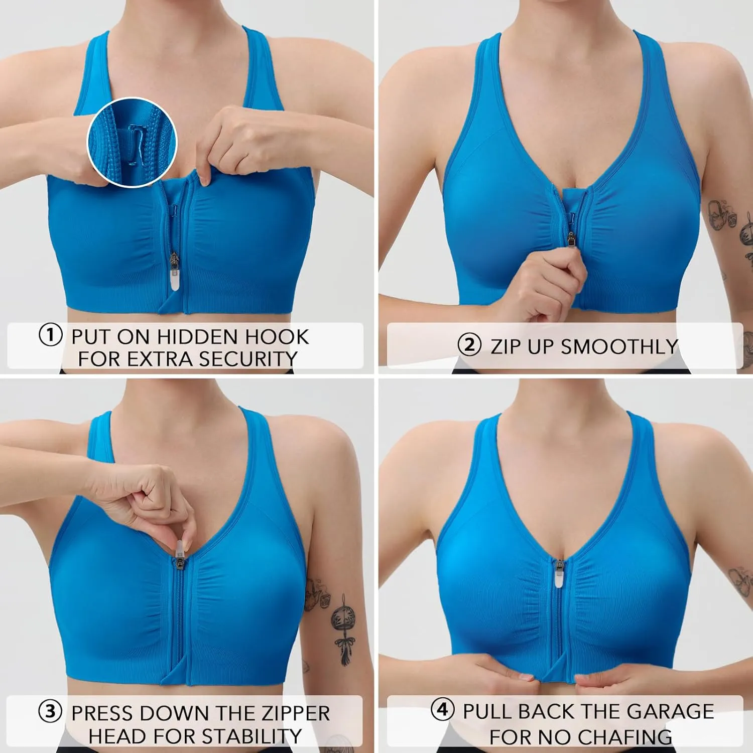 Evercute Women's Zip Front Sports Bras Wireless Padded Racerback Medium Support Post-Surgery Bra Yoga Exercise Athletic Bras