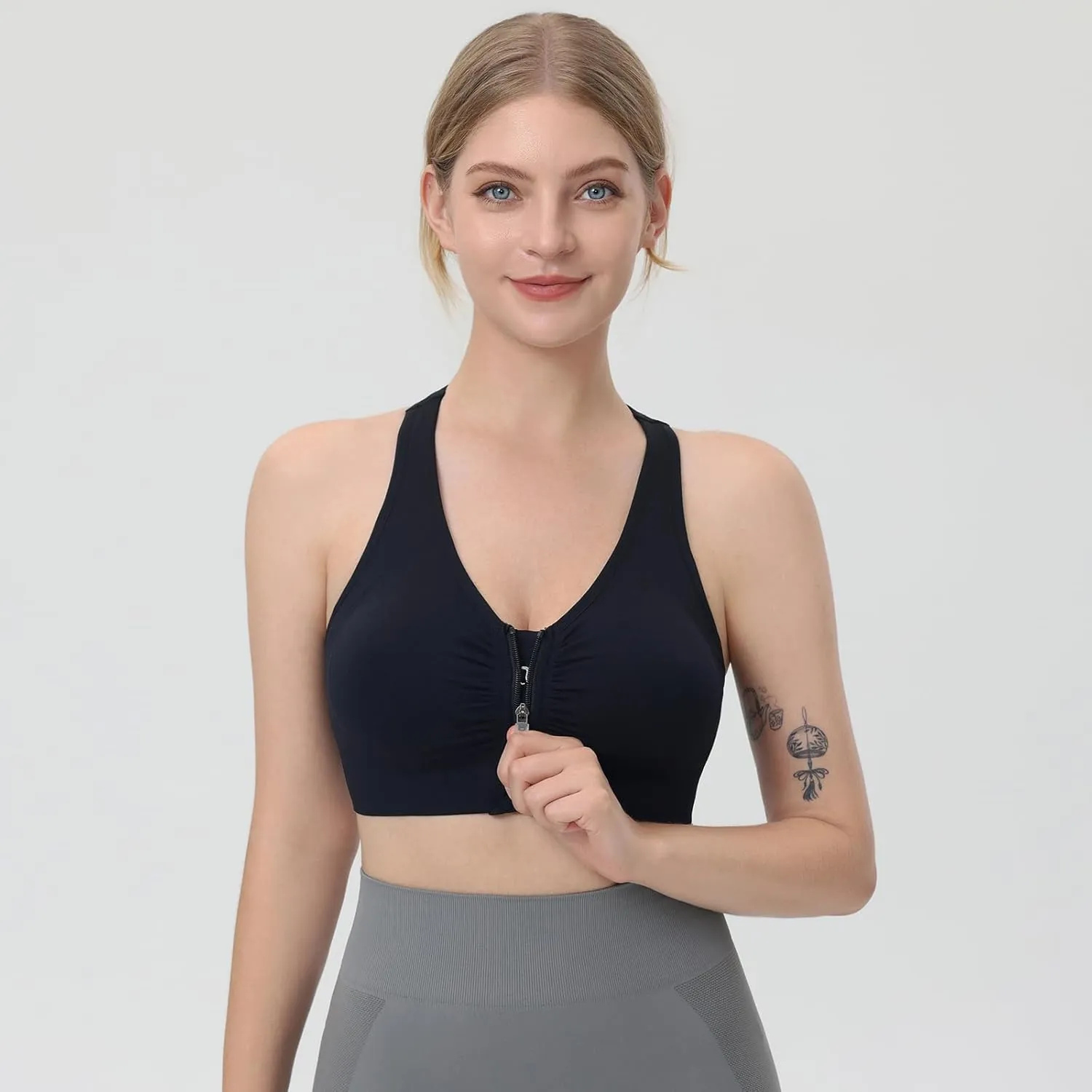 Evercute Women's Zip Front Sports Bras Wireless Padded Racerback Medium Support Post-Surgery Bra Yoga Exercise Athletic Bras