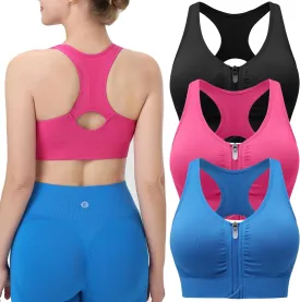 Evercute Women's Zip Front Sports Bras Wireless Padded Racerback Medium Support Post-Surgery Bra Yoga Exercise Athletic Bras