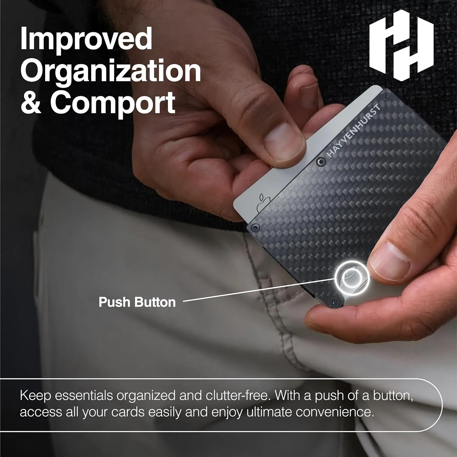 Hayvenhurst Wallet For Men - Reinvented Design Men's Wallet - Slim, Minimalistic & Seamless, Blocks RFID Scanners with a Cash Strap (Carbon Fiber)