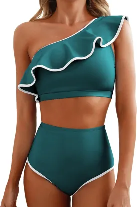 Herseas Women's One Shoulder Bikini Sets Color Block Trim Ruffle Hem Swimsuits Elegant Bathing Suits