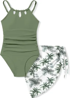 KANGKANG Girls Swimsuit Quick Dry Cut Out One Piece Swimsuits with Tropical Print Cover Up Skirt Bathing Suit Swimwear 7-18Y