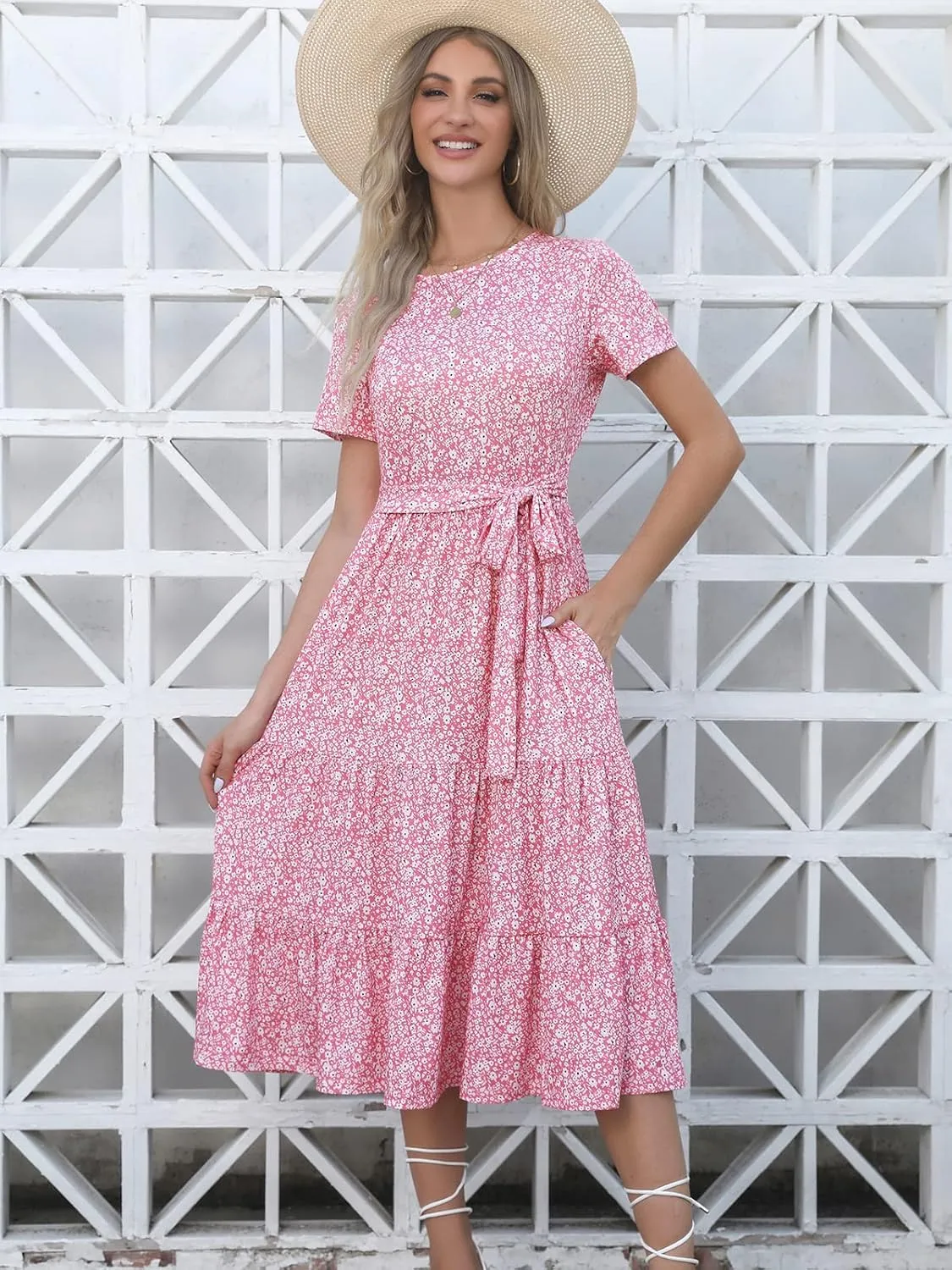 Lyrur Women's Dresses Casual Summer Tiered Midi Dress Short Sleeve Belted Ruffle Babydoll Boho Sundress with Pockets