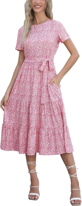 Lyrur Women's Dresses Casual Summer Tiered Midi Dress Short Sleeve Belted Ruffle Babydoll Boho Sundress with Pockets
