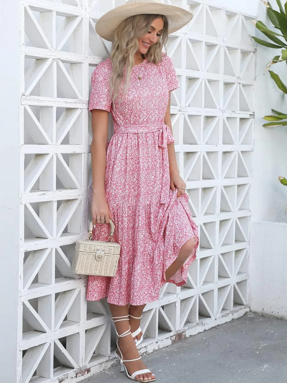 Lyrur Women's Dresses Casual Summer Tiered Midi Dress Short Sleeve Belted Ruffle Babydoll Boho Sundress with Pockets