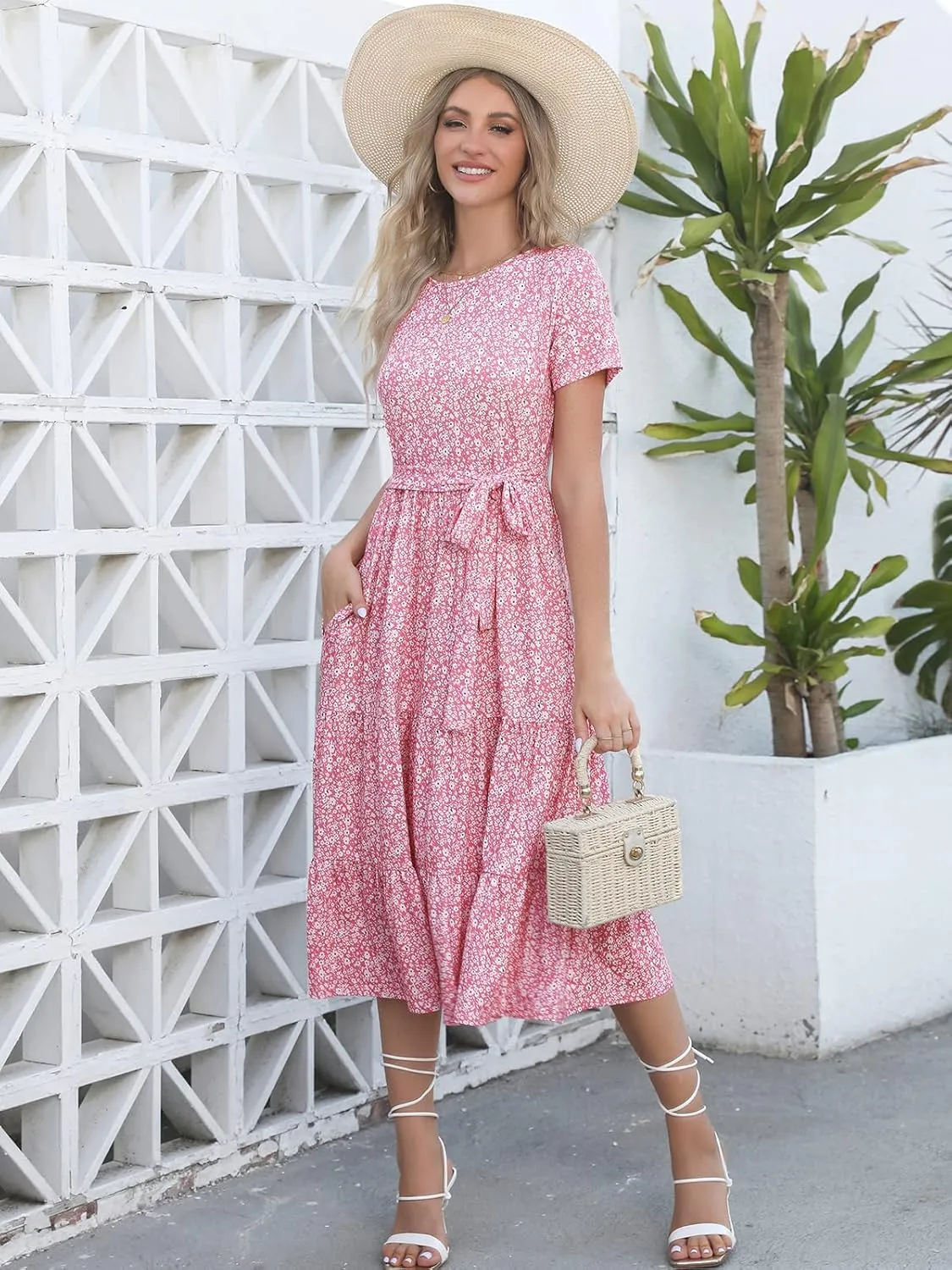 Lyrur Women's Dresses Casual Summer Tiered Midi Dress Short Sleeve Belted Ruffle Babydoll Boho Sundress with Pockets