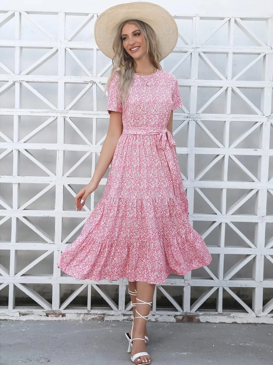 Lyrur Women's Dresses Casual Summer Tiered Midi Dress Short Sleeve Belted Ruffle Babydoll Boho Sundress with Pockets