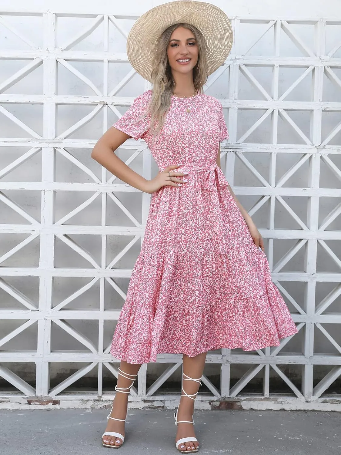 Lyrur Women's Dresses Casual Summer Tiered Midi Dress Short Sleeve Belted Ruffle Babydoll Boho Sundress with Pockets