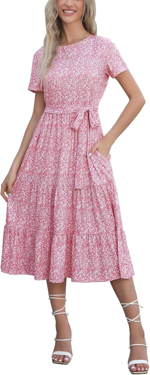 Lyrur Women's Dresses Casual Summer Tiered Midi Dress Short Sleeve Belted Ruffle Babydoll Boho Sundress with Pockets
