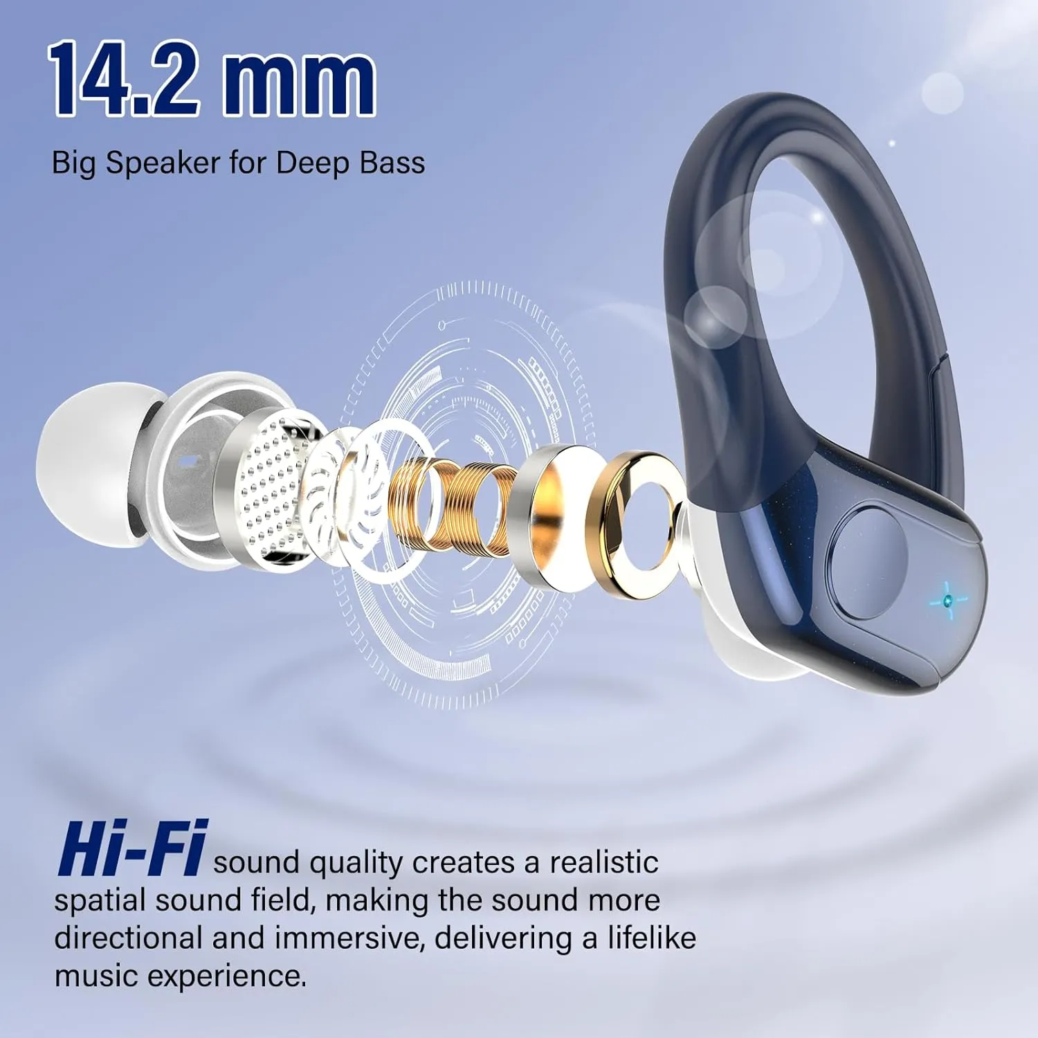 Wireless Earbuds Bluetooth Headphones Stereo Deep Bass Sports Ear Buds with Earhooks, Bluetooth Earbuds, LED Display, IP7 Waterproof Earphone, Dark Blue