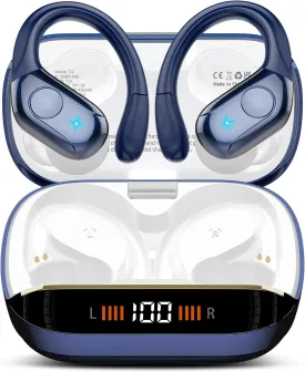 Wireless Earbuds Bluetooth Headphones Stereo Deep Bass Sports Ear Buds with Earhooks, Bluetooth Earbuds, LED Display, IP7 Waterproof Earphone, Dark Blue