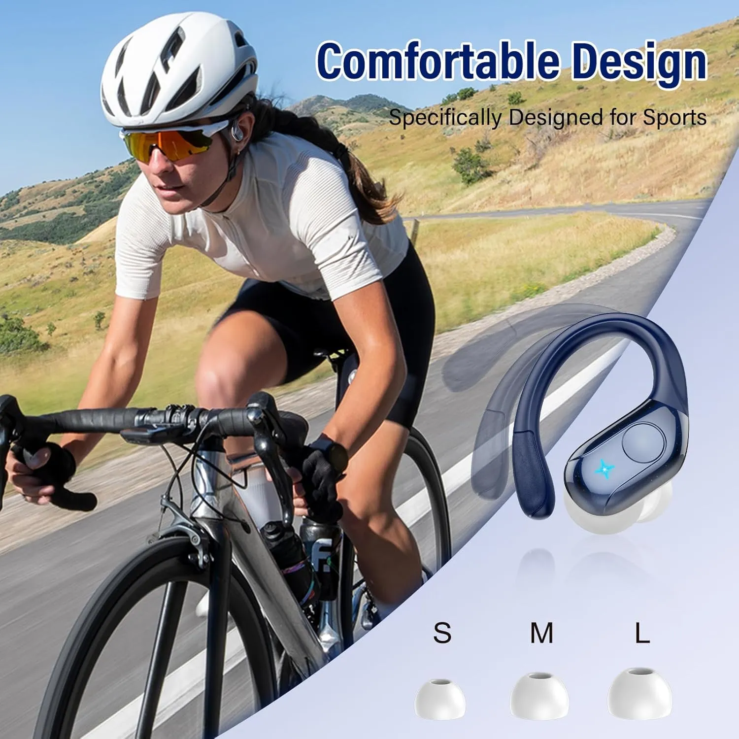 Wireless Earbuds Bluetooth Headphones Stereo Deep Bass Sports Ear Buds with Earhooks, Bluetooth Earbuds, LED Display, IP7 Waterproof Earphone, Dark Blue