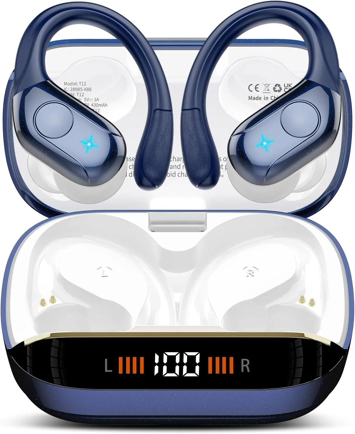 Wireless Earbuds Bluetooth Headphones Stereo Deep Bass Sports Ear Buds with Earhooks, Bluetooth Earbuds, LED Display, IP7 Waterproof Earphone, Dark Blue
