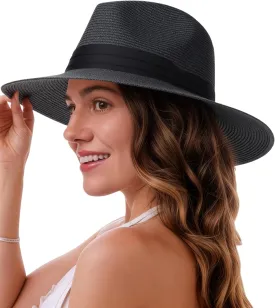 Womens Straw Panama Hat Wide Brim Fedora Summer Beach Sun Hat for Women UPF50 