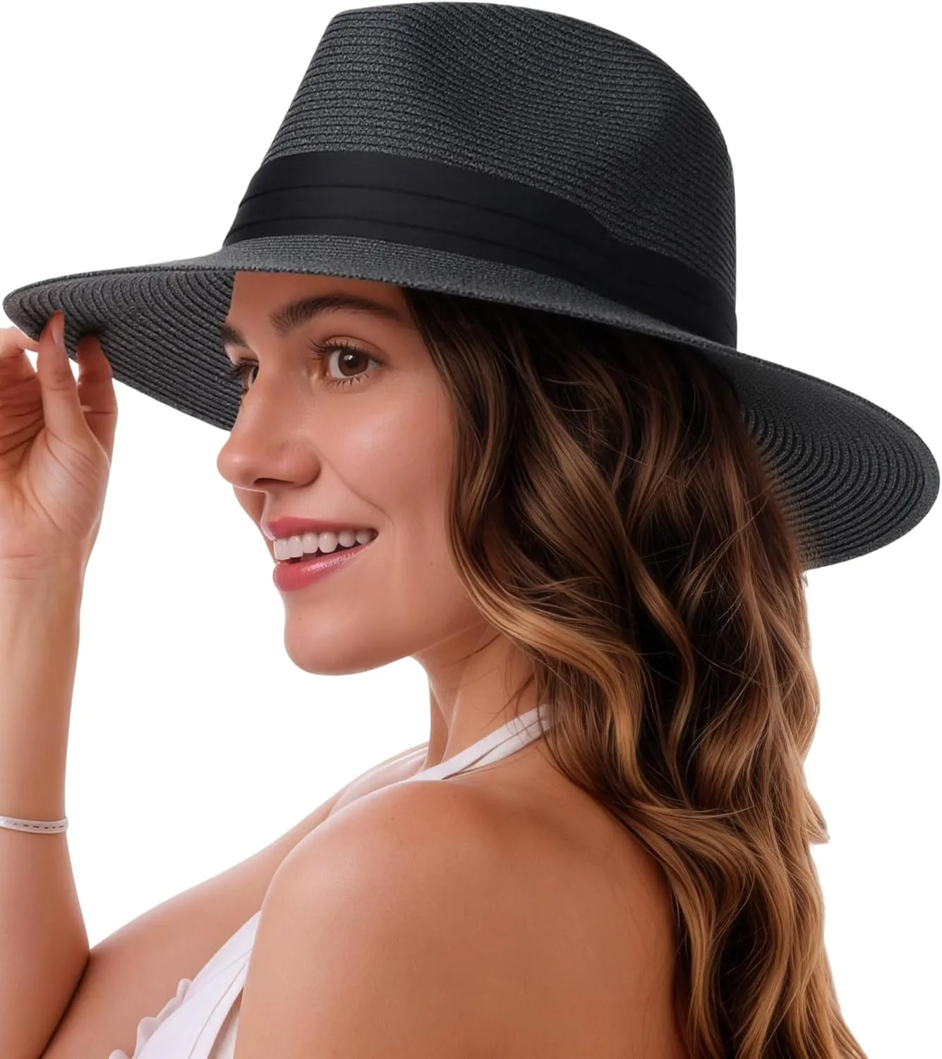 Womens Straw Panama Hat Wide Brim Fedora Summer Beach Sun Hat for Women UPF50 