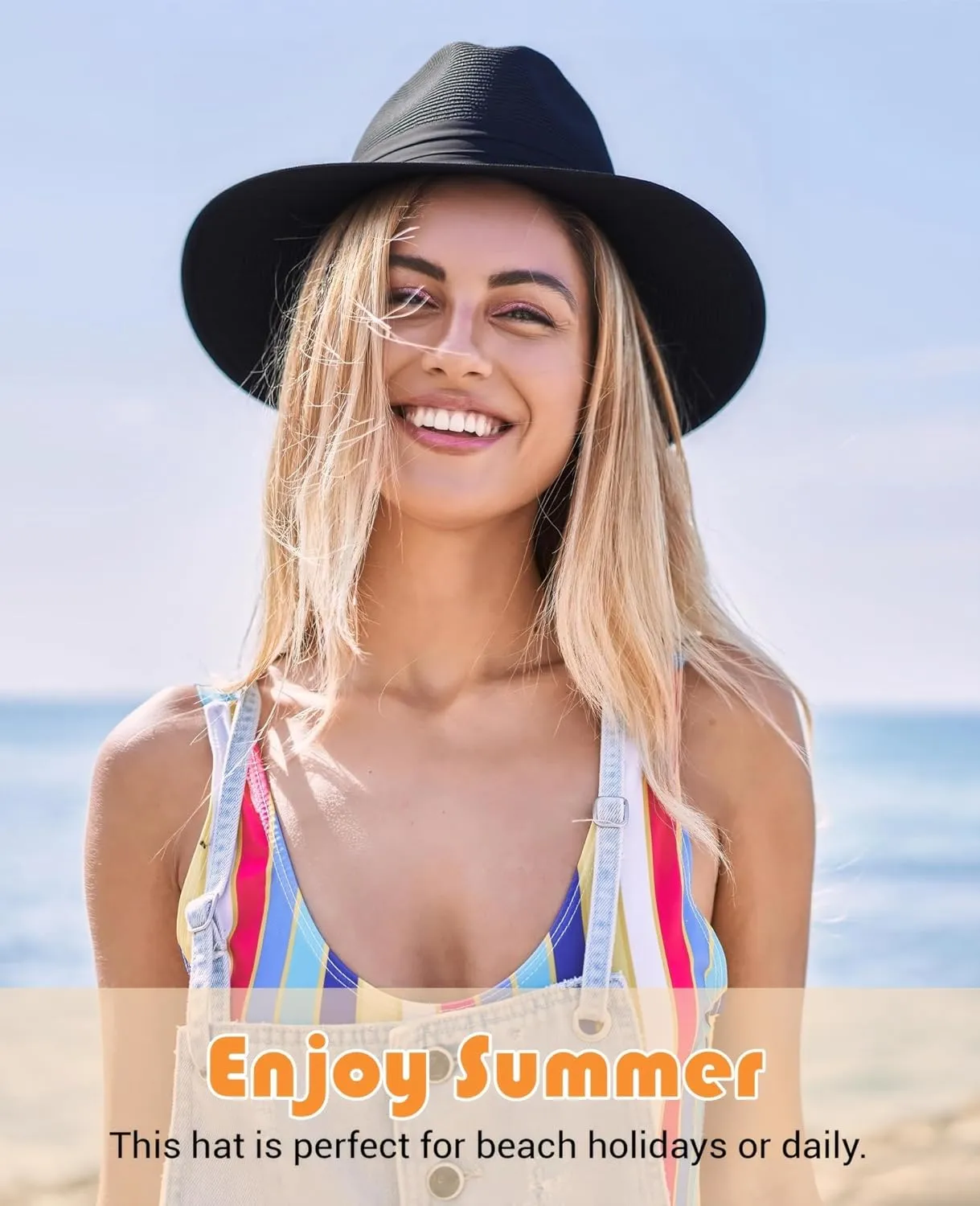 Womens Straw Panama Hat Wide Brim Fedora Summer Beach Sun Hat for Women UPF50 
