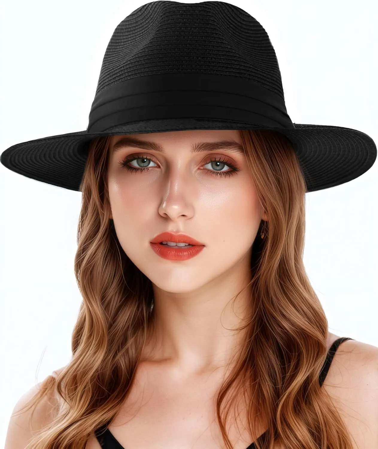 Womens Straw Panama Hat Wide Brim Fedora Summer Beach Sun Hat for Women UPF50 