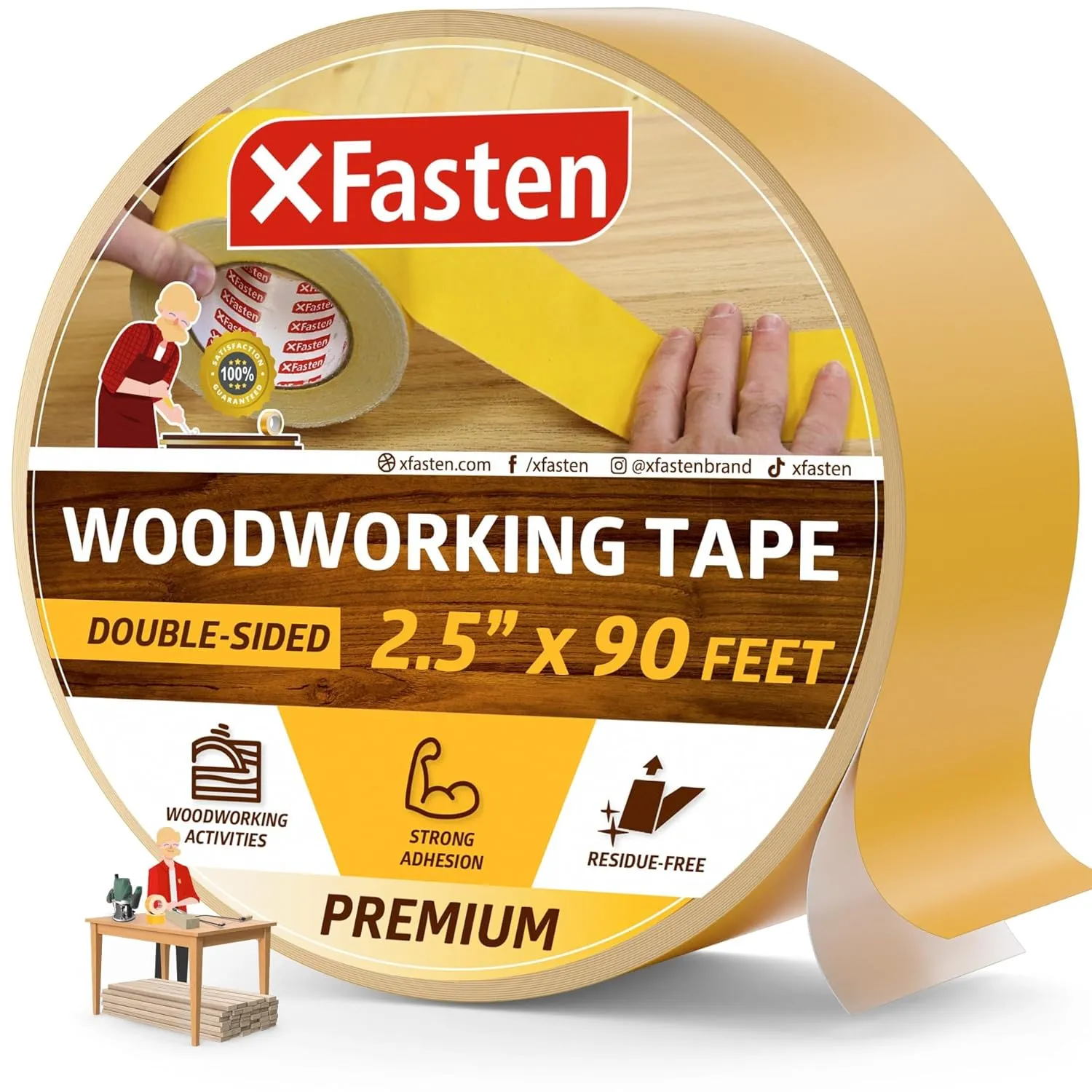 XFasten Double Sided Woodworking Tape | 2.5 Inches x 30 Yards